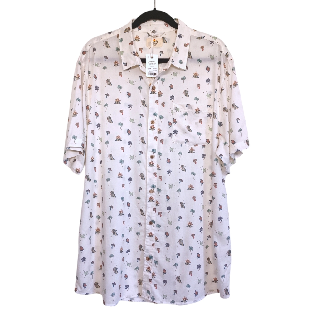 MARINE LAYER Mushroom Trippy Icon Short Sleeve Button Front Cotton Shirt XL NWT